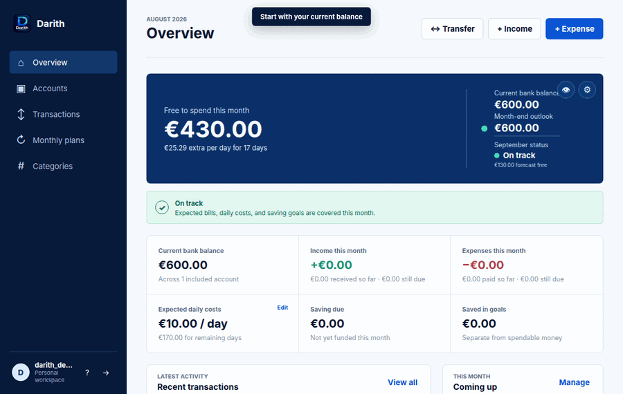 Darith workflow: add income, add an expense, and review free-to-spend