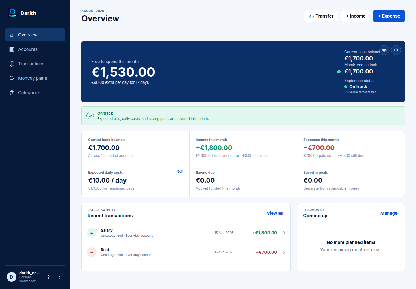 Darith desktop dashboard showing free-to-spend and monthly status